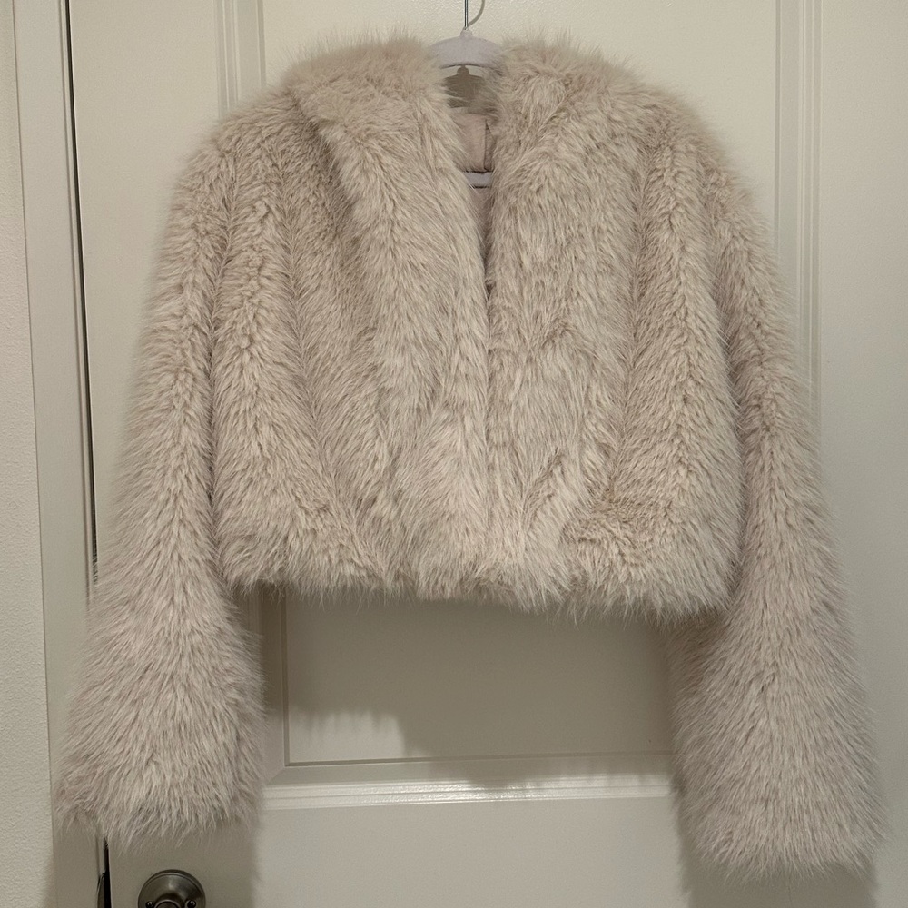 wild fable Cropped Teddy Faux Fur Jacket in Light Taupe